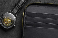 Handmade Leather Floral Tooled Mens Clutch Cool Slim Wallet Zipper Clutch Wristlet Wallet for Men