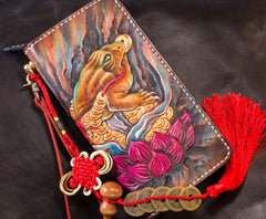 Handmade Leather Tooled Golden Toad Mens Chain Biker Wallet Cool Leather Wallet Long Phone Wallets for Men