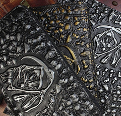 Handmade Leather Mens Tooled Skull Death Cool Zipper Phone Travel Long Wallet Card Holder Card Slim Clutch Wallets for Men