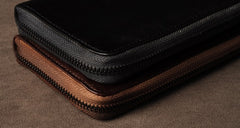 Genuine Leather Mens Cool Long Leather Wallet Cards Phone Zipper Clutch Wristlet Wallet for Men