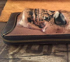 [On Sale]Handmade Genuine Leather Mens Clutch Cool Long Wallet Skull Zipper Clutch Wristlet Wallet for Men