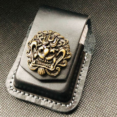 Brown Handmade Leather Mens Chinese Lion Zippo Lighter Holders Lighter Case For Men - iwalletsmen