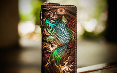 Handmade Leather Tooled Carp Mens Chain Biker Wallet Cool Leather Wallet Long Phone Wallets for Men