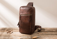 Coffee Leather Mens Sling Bag Sling Shoulder Bag Sling Backpacks for men - iwalletsmen