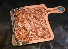 Handmade Mens Cool Tooled Boa Skin Floral Leather Chain Wallet Biker Trucker Wallet with Chain