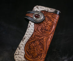 Handmade Mens Cool Tooled Boa Skin Floral Leather Chain Wallet Biker Trucker Wallet with Chain