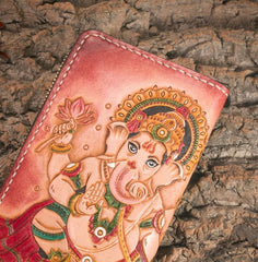Handmade Leather Mens Clutch Wallet Tooled Cool Ganesha Wallet Long Zipper Wallets for Men
