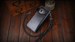 Handmade Leather Mens Cool Black Obsidian Chain Wallet Biker Trucker Wallet with Chain