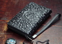 Handmade Leather Mens Tooled Skull Death Cool Zipper Phone Travel Long Wallet Card Holder Card Slim Clutch Wallets for Men