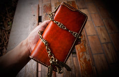 Handmade Leather Mens Chain Biker Wallet Cool Leather Wallet Long Clutch Wallets for Men