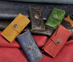 Handmade Leather Floral Mens Cool Travel Long Wallet Card Holder Card Slim Clutch Wallets for Men