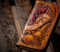 Handmade Leather Mens Clutch Wallet Cool Buddha&Demon Tooled Wallet Long Zipper Wallets for Men