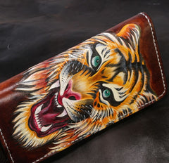 Handmade Leather Tiger Tooled Mens Chain Biker Wallet Cool Leather Wallet Long Phone Wallets for Men