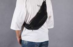 Black Mens Leather Fanny Packs Mens Waist Bag Black Hip Pack Belt Bag Chest Bag for Men - iwalletsmen