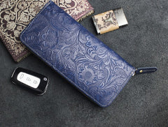 Handmade Leather Floral Mens Cool Travel Long Wallet Card Holder Card Slim Clutch Wallets for Men