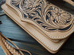 Handmade Leather Biker Wallet Tooled Floral Mens Cool Chain Wallet Trucker Wallet with Chain
