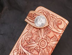 Handmade Mens Cool Tooled Floral Leather Chain Wallet Biker Trucker Wallet with Chain