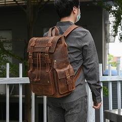 Large Coffee Leather Mens Travel Backpack 16‘’ Laptop Rucksack Vintage Hiking Backpack For Men