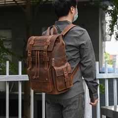 Large Leather Mens Travel Backpack 16‘’ Laptop Rucksack Vintage Hiking Backpack For Men