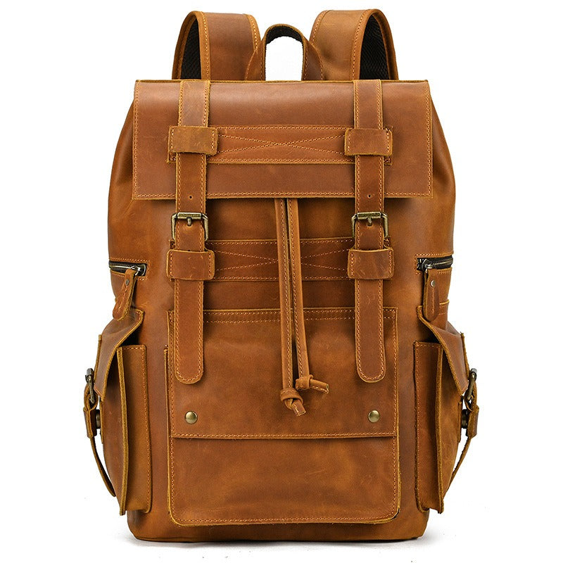 Large Coffee Leather Mens Travel Backpack 16‘’ Laptop Rucksack Vintage Hiking Backpack For Men