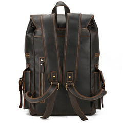 Large Coffee Leather Mens Travel Backpack 16‘’ Laptop Rucksack Vintage Hiking Backpack For Men