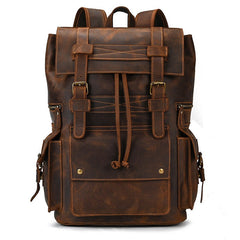 Large Coffee Leather Mens Travel Backpack 16‘’ Laptop Rucksack Vintage Hiking Backpack For Men