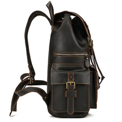 Large Coffee Leather Mens Travel Backpack 16‘’ Laptop Rucksack Vintage Hiking Backpack For Men