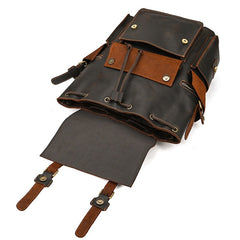 Large Coffee Leather Mens Travel Backpack 16‘’ Laptop Rucksack Vintage Hiking Backpack For Men