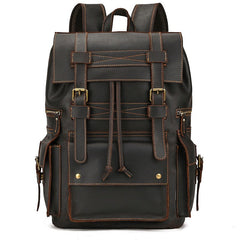 Large Coffee Leather Mens Travel Backpack 16‘’ Laptop Rucksack Vintage Hiking Backpack For Men