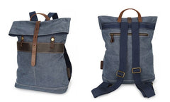 Cool Waxed Canvas Blue Leather Mens Backpack Canvas Travel Backpack Canvas School Backpack for Men - iwalletsmen