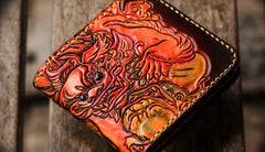Handmade Leather Chinese Lion Tooled Mens billfold Wallet Cool Leather Wallet Slim Wallet for Men