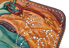 Handmade Leather Tooled Ucchusma Mens Chain Biker Wallet Cool Leather Wallet Zipper Long Phone Wallets for Men