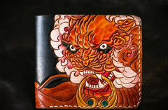 Handmade Leather Chinese Lion Tooled Mens billfold Wallet Cool Leather Wallet Slim Wallet for Men