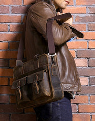 Vintage Coffee Leather Mens Briefcases Work Bag Laptop Bag Business Bag for Men - iwalletsmen