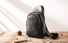 Leather Mens Black Sling Bag Sling Shoulder Bag Sling Backpack for men - iwalletsmen