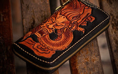 Handmade Leather Tooled Chinese Dragon Mens Chain Biker Wallet Cool Leather Wallet Zipper Long Phone Wallets for Men