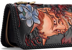 Handmade Leather Tooled Carp Prajna Mens Chain Biker Wallet Cool Leather Wallet Zipper Long Phone Wallets for Men