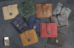 Handmade Leather Floral Mens Cool Front Pocket Wallet billfold Wallet Card Holder Small Card Slim Wallets for Men