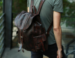 Cool Black Coffee Mens Leather Backpack Travel Backpack School Backpacks for men - iwalletsmen