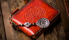 Handmade Leather Tibetan Tooled Mens billfold Wallet Cool Chain Wallet Biker Wallet for Men