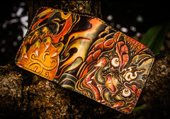 Handmade Leather Chinese Lion Tooled Mens billfold Wallet Cool Leather Wallet Slim Wallet for Men