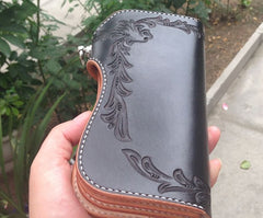 Handmade Leather Biker Wallet Tooled Floral Mens Cool Chain Wallet Trucker Wallet with Chain