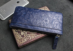Handmade Leather Mens Cool Zipper Phone Travel Long Wallet Holder Slim Clutch Wallets for Men