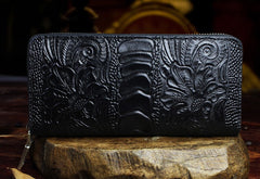 Handmade Leather Floral Mens Cool Zipper Phone Travel Long Wallet Card Holder Card Slim Clutch Wallets for Men