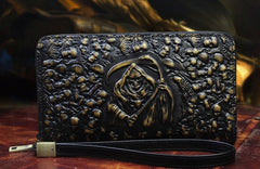 Handmade Leather Mens Tooled Skull Death Cool Zipper Phone Travel Long Wallet Card Holder Card Slim Clutch Wallets for Men