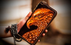 Handmade Leather Mens Tooled Eagle Chain Biker Wallet Cool Leather Wallet Long Clutch Wallets for Men