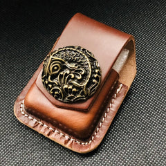 Brown Handmade Leather Mens Chinese Lion Zippo Lighter Holders Lighter Case For Men - iwalletsmen