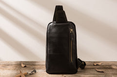 Mens Black Leather Sling Bag Sling Shoulder Bag Sling Backpack for men - iwalletsmen