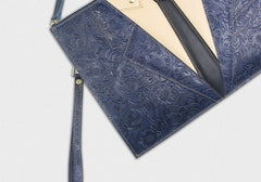 Handmade Leather Floral Tooled Mens Clutch Cool Slim Wallet Zipper Clutch Wristlet Wallet for Men
