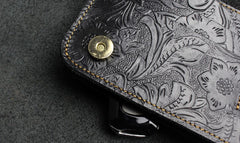 Handmade Leather Floral Mens Cool Travel Long Wallet Card Holder Card Slim Clutch Wallets for Men